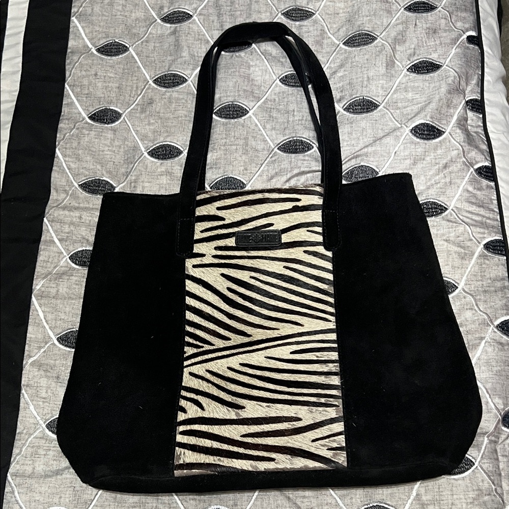 JANE MARIE cow hair on suede leather Black and White Zebra Print Tote